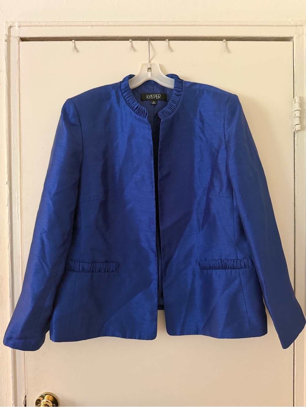 Kasper Blue Open Front Structured Blazer Jacket Ruffle Trim Size 18